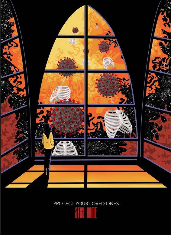 A girl is standing by a window. Outside the window is the Coronavirus and rib cage skeletons.