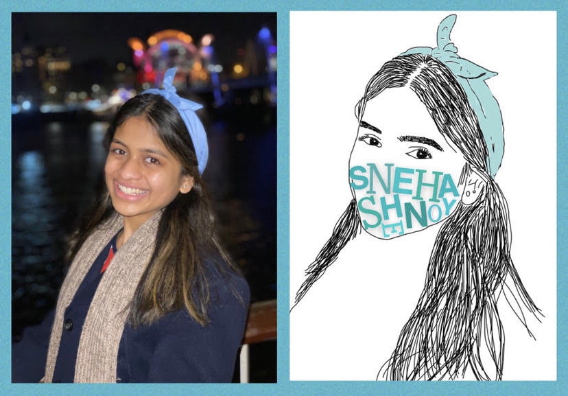 A young women is pictured in a photograph on the left. On the right is a stylized drawing of her with her name Sneha Shnoy drawn over the mouth like a mask. 